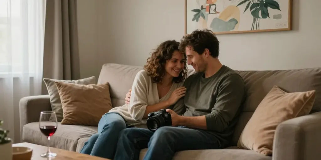 لقاء حميم بين زوجين في غرفة معيشة دافئة، تبرز مشاعر السكس العربي محارم.