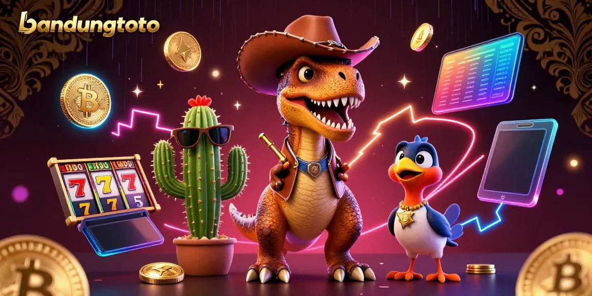 Engage in thrilling gaming action with bandungtoto featuring a cowboy T-Rex and vibrant slot machine elements.