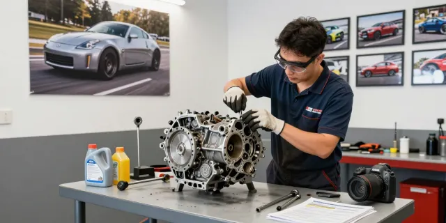 Mechanic inspecting a CD009 transmission on a workbench with tools in a bright garage.