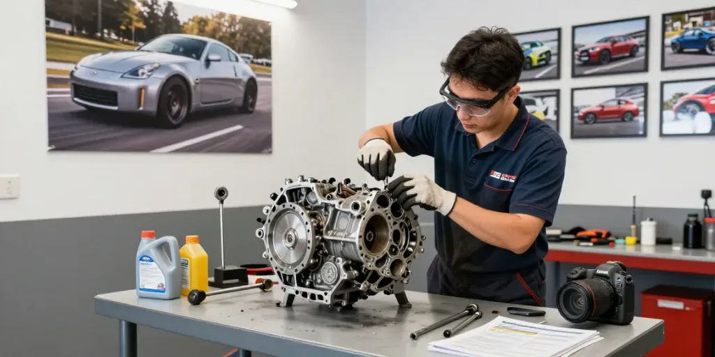 Mechanic inspecting a CD009 transmission on a workbench with tools in a bright garage.
