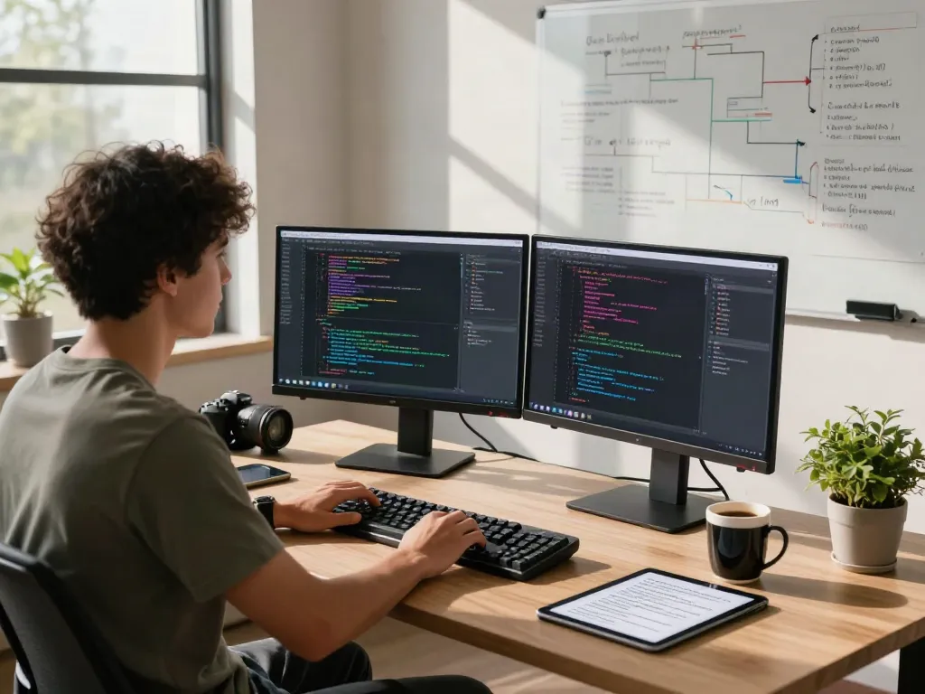 Pengembang menggunakan ServerPG di ruang kerja modern dengan monitor ganda dan catatan teknis di meja.
