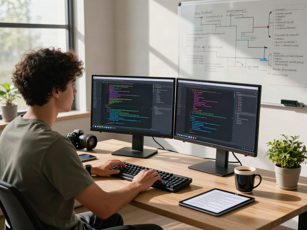Pengembang menggunakan ServerPG di ruang kerja modern dengan monitor ganda dan catatan teknis di meja.