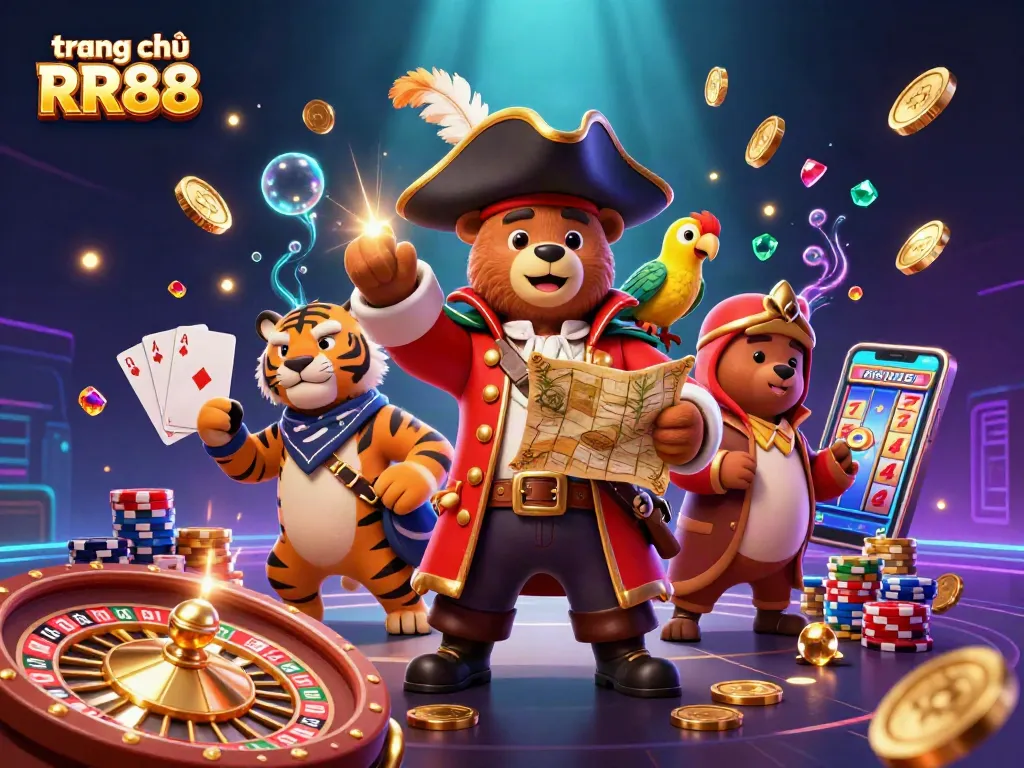 Win at trang chủ RR88 with vibrant 3D illustration showcasing exciting casino elements and characters.