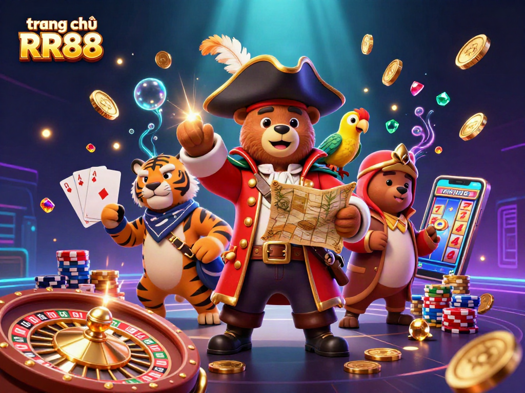 Win at trang chủ RR88 with vibrant 3D illustration showcasing exciting casino elements and characters.
