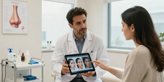 Dr Zahi Abou Chacra consulting with a patient on rhinoplasty options in a professional cosmetic surgery clinic.