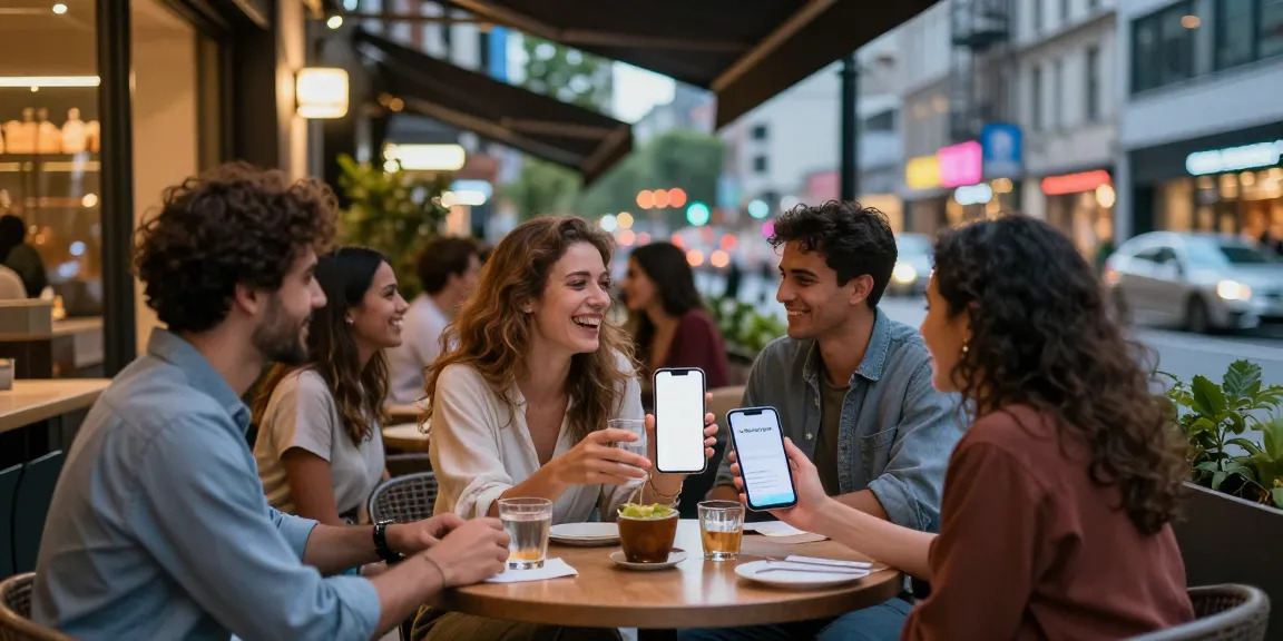 Teman-teman menikmati malam di kafe luar ruangan sambil menggunakan aplikasi dewitogel di smartphone.