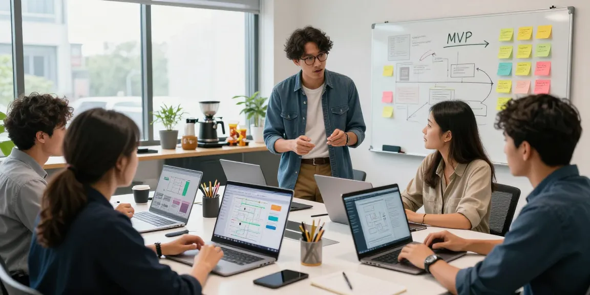 Dynamic team working on mvp development service in a collaborative tech workspace.