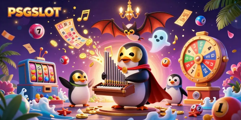 Engage with PSGSLOT action as a penguin maestro plays a gold coin organ amidst dynamic lottery fun.