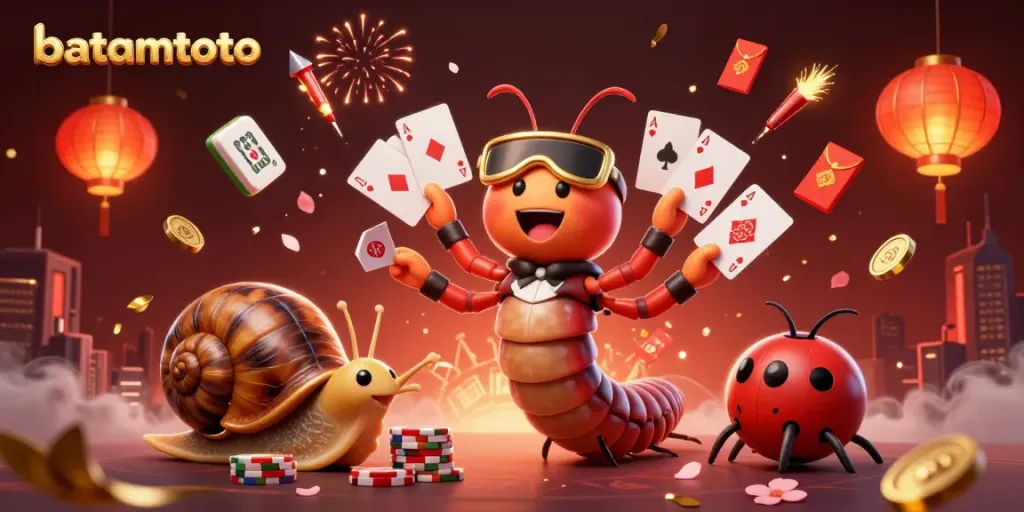 Experience batamtoto excitement with a millipede dealer and high-roller snail in a vibrant casino scene.