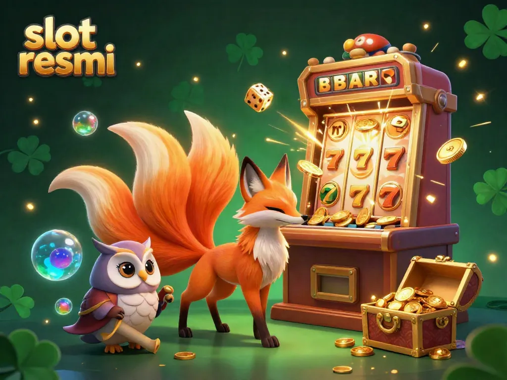 Experience slot resmi excitement with a colorful nine-tailed fox and jackpot burst in this vibrant casino scene.