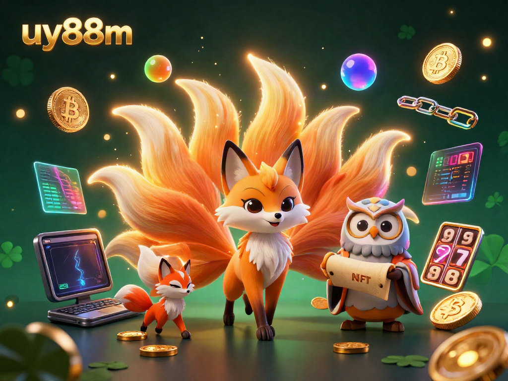 Experience the vibrant world of uy88m with a nine-tailed fox and an owl amidst casino slot symbols.