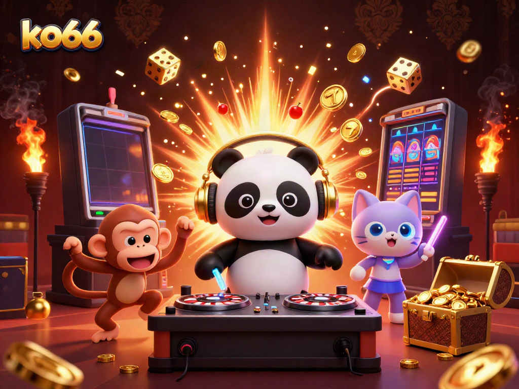 Engage in exciting gameplay at ko66 with a vibrant 3D illustration showcasing a DJ panda, dancing monkey, and rave kitten.