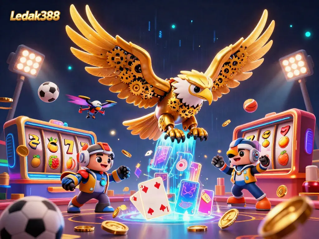 Experience the dynamic play at Ledak388 with a cartoon cybernetic eagle soaring through vibrant gaming elements.