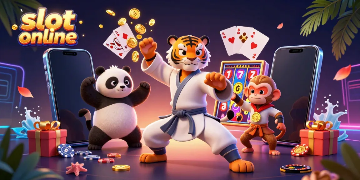 Engage in slot online fun with vibrant 3D characters and dynamic casino elements in this illustration.
