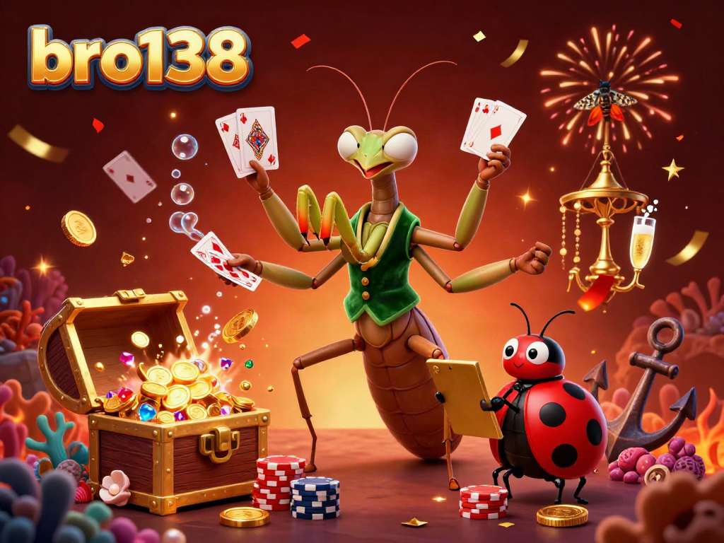 Experience the vibrant casino energy at bro138 with a giant mantis dealer and ladybug pit boss amidst gold and jewels.