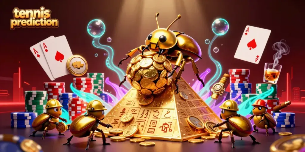 Tennis prediction illustration showing a golden dung beetle and poker elements in a lively casino setting.