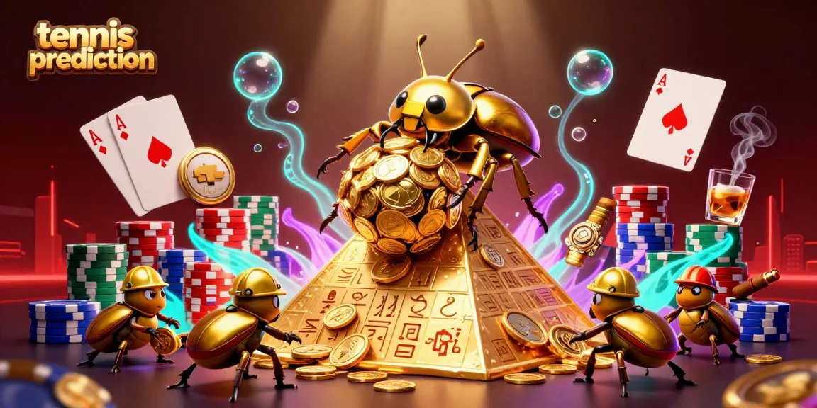 Tennis prediction illustration showing a golden dung beetle and poker elements in a lively casino setting.
