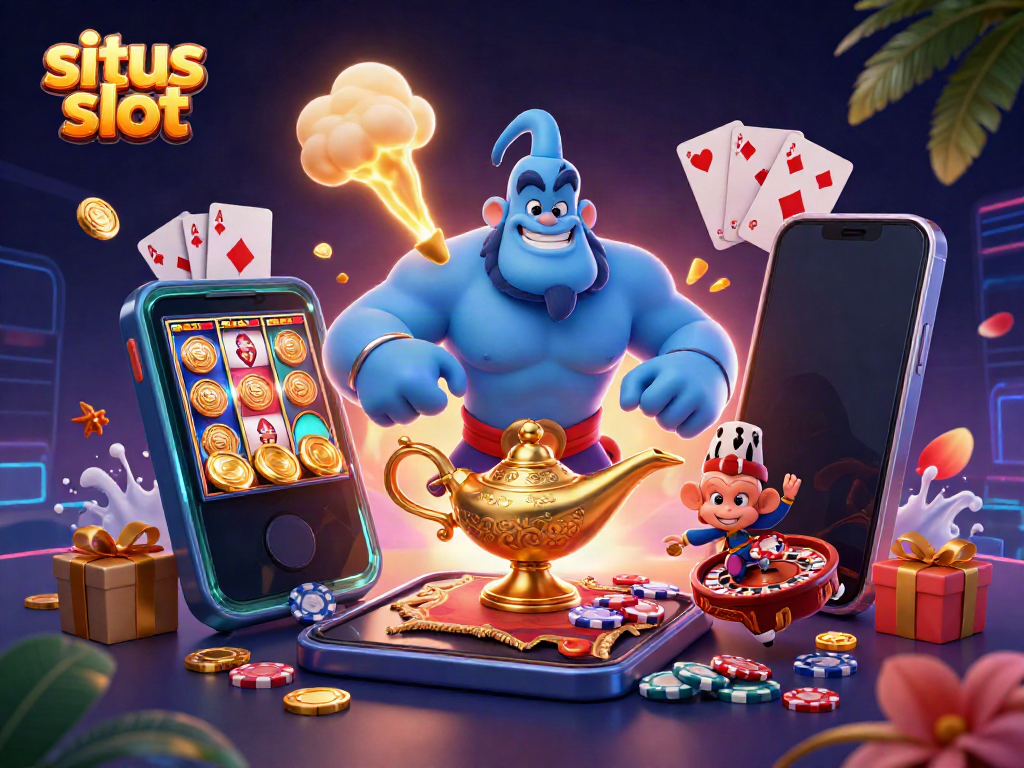 Experience situs slot excitement with a vibrant 3D casino scene featuring a genie, monkey, and slot games.