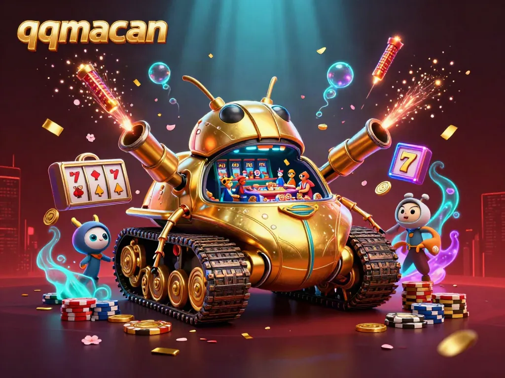 Experience the excitement at the qqmacan mini casino inside a golden beetle tank, with vibrant game elements.