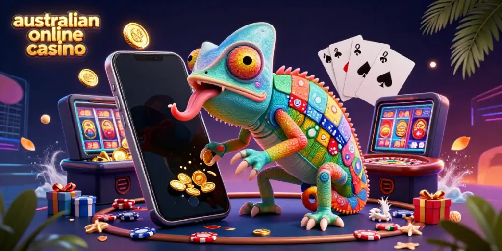 Engage with the vibrant world of Australian online casino, featuring a chameleon owner amidst exciting gaming elements.