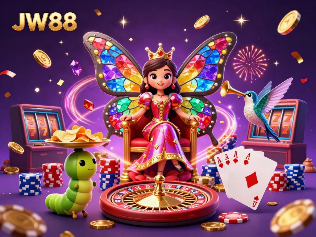 Experience the vibrant JW88 casino world with a dazzling 3D butterfly queen and golden chips.