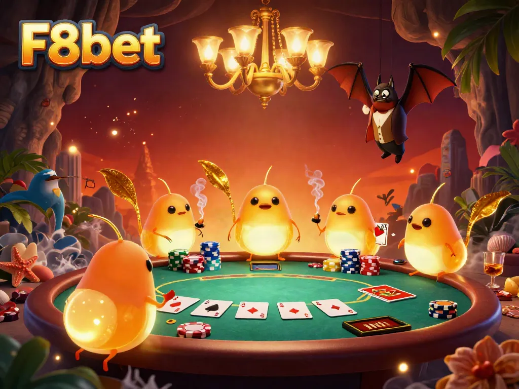Experience vibrant poker action at F8bet's illuminated cave casino with glowing characters and dynamic elements.