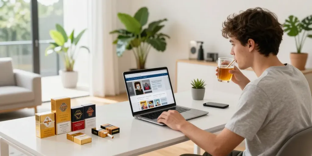 buy cheap cigarette online australia in a stylish workspace with natural light, showcasing tobacco products and a refreshing drink