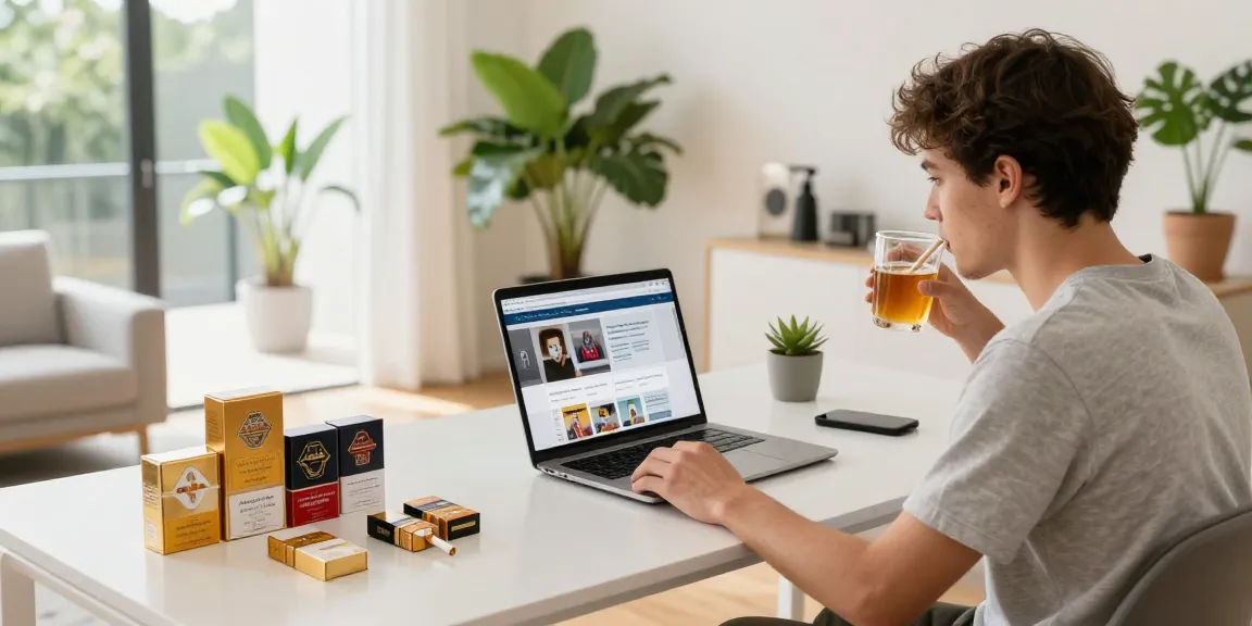 buy cheap cigarette online australia in a stylish workspace with natural light, showcasing tobacco products and a refreshing drink