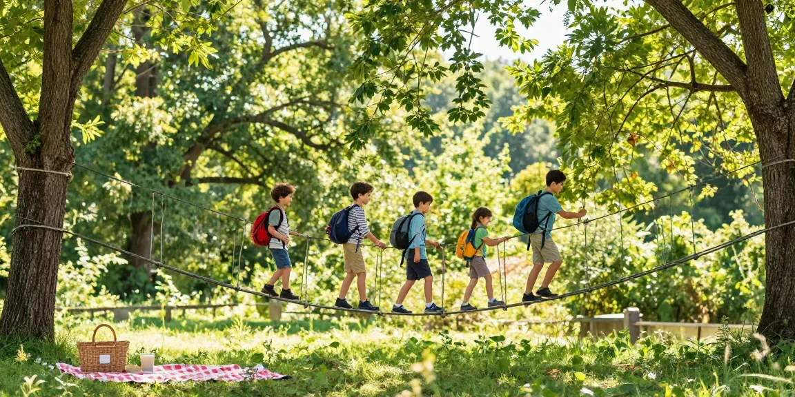 Family crossing a rope bridge in a scenic outdoor setting, perfect for adventure lovers.