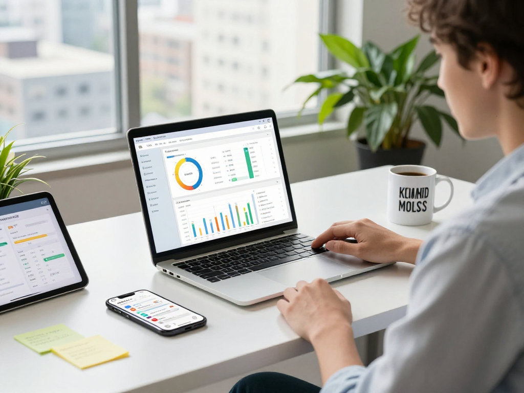 Purchase app downloads analytics displayed on laptop in a modern marketing workspace.