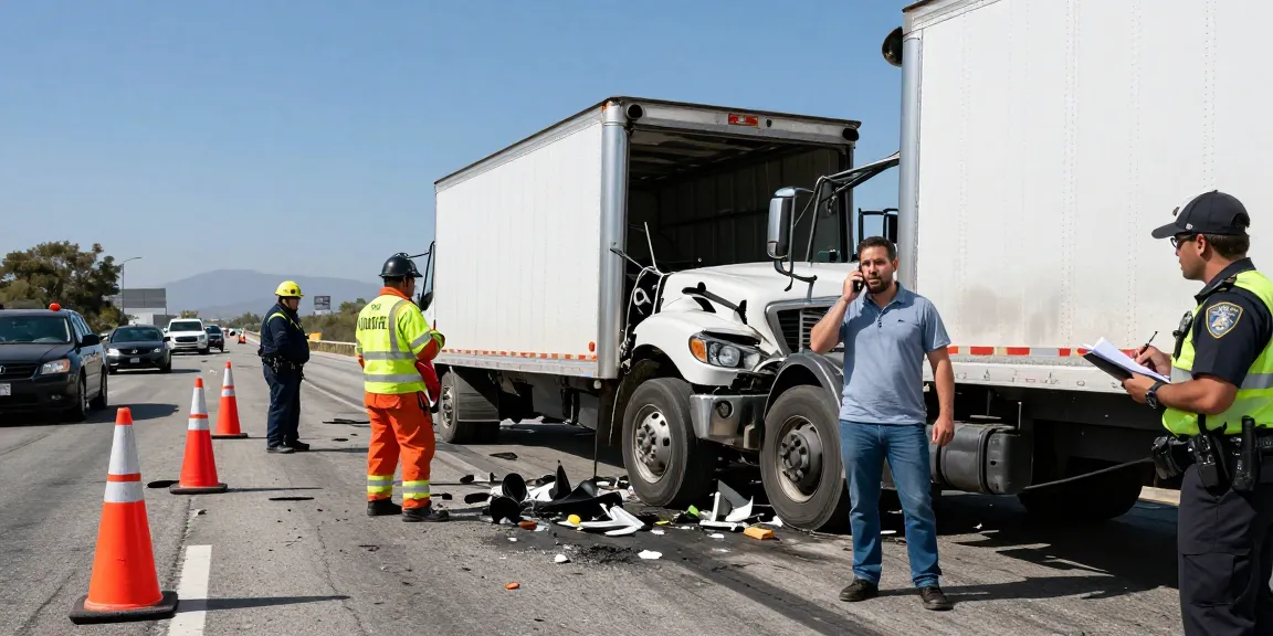 Truck accident lawyer California assisting a driver at an accident scene, showcasing accident recovery challenges and support.