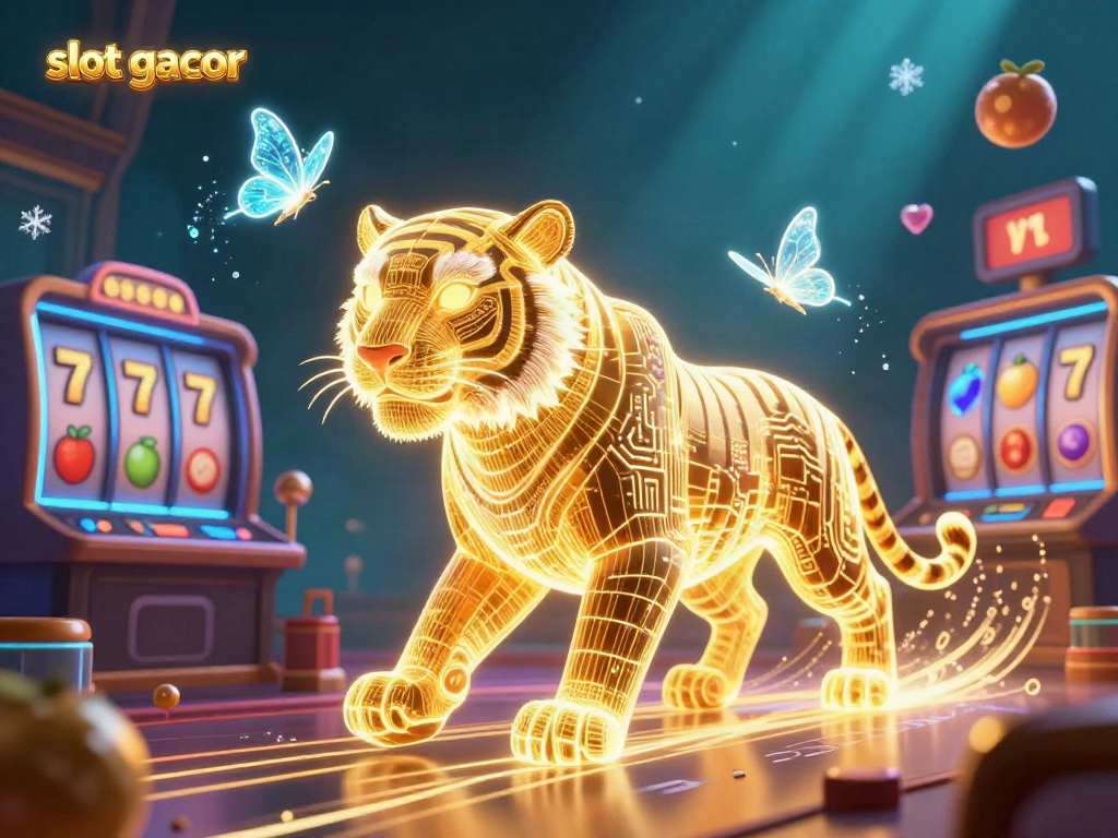 Experience the vibrant slot gacor casino atmosphere with a glowing golden tiger, slot reels, and magical elements in 3D.
