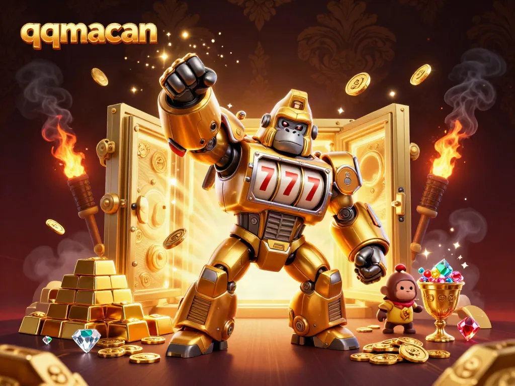Engage with qqmacan featuring a golden gorilla mech and dynamic casino elements, showcasing excitement and thrill.