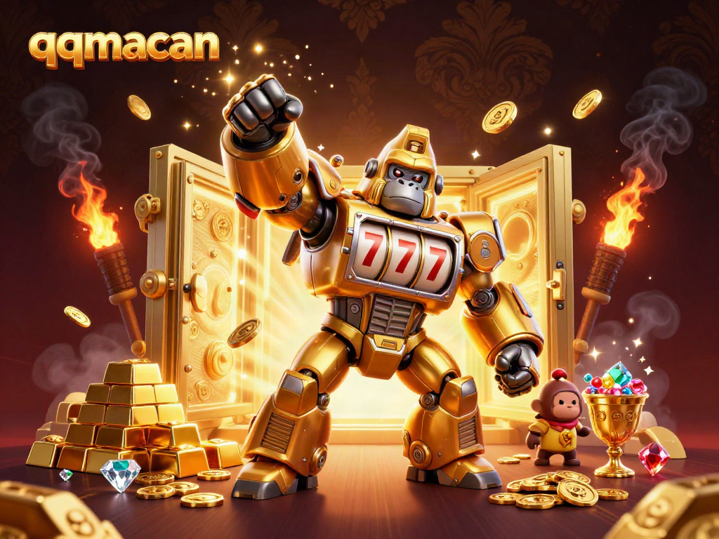 Engage with qqmacan featuring a golden gorilla mech and dynamic casino elements, showcasing excitement and thrill.