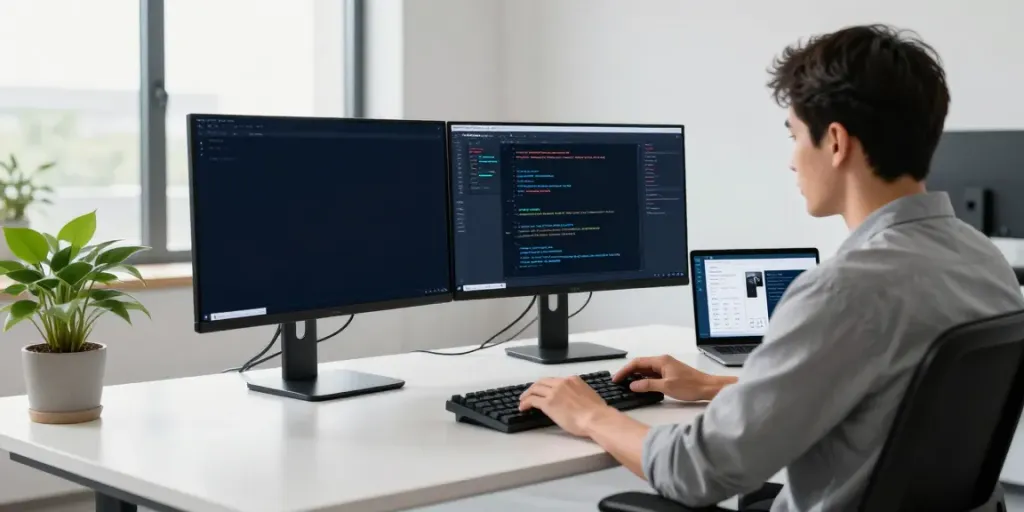 Developer analyzing快连 network performance in a modern tech workspace.