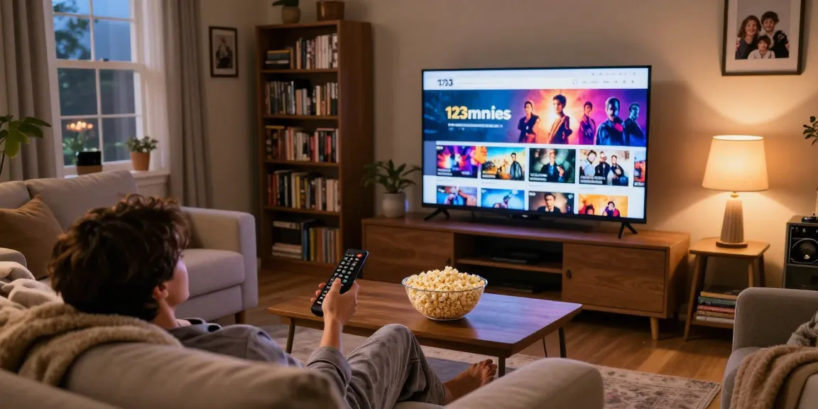 Person relaxing with popcorn and watching 123movies on TV in cozy living room.