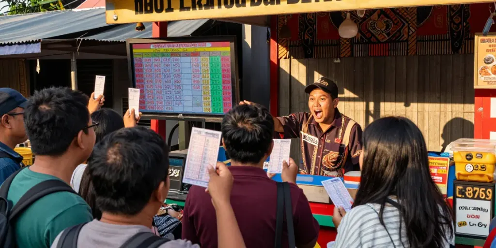 Suasana booth lotere dengan orang-orang merayakan hasil ratutogel di Indonesia.
