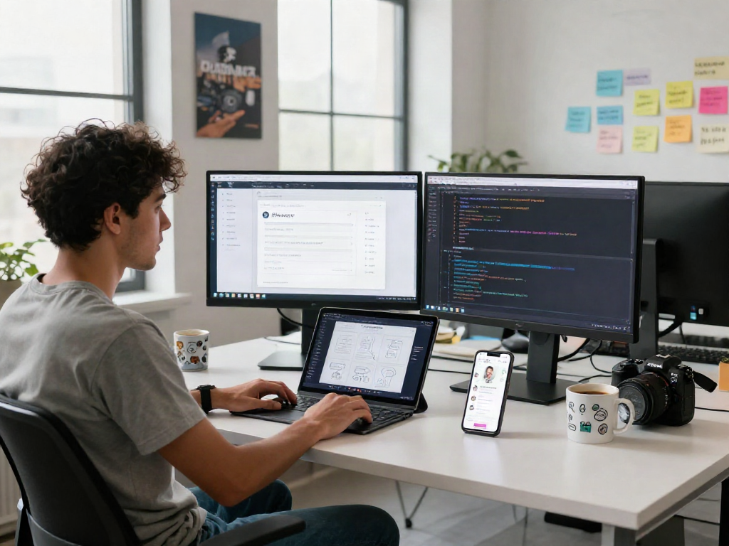Developing the Pikashow APK in a modern office workspace filled with tech gadgets.