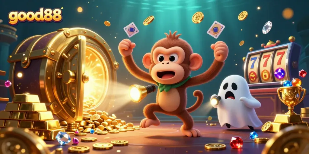 good88 showcases a mischievous monkey juggling gold in a vibrant casino illustration.