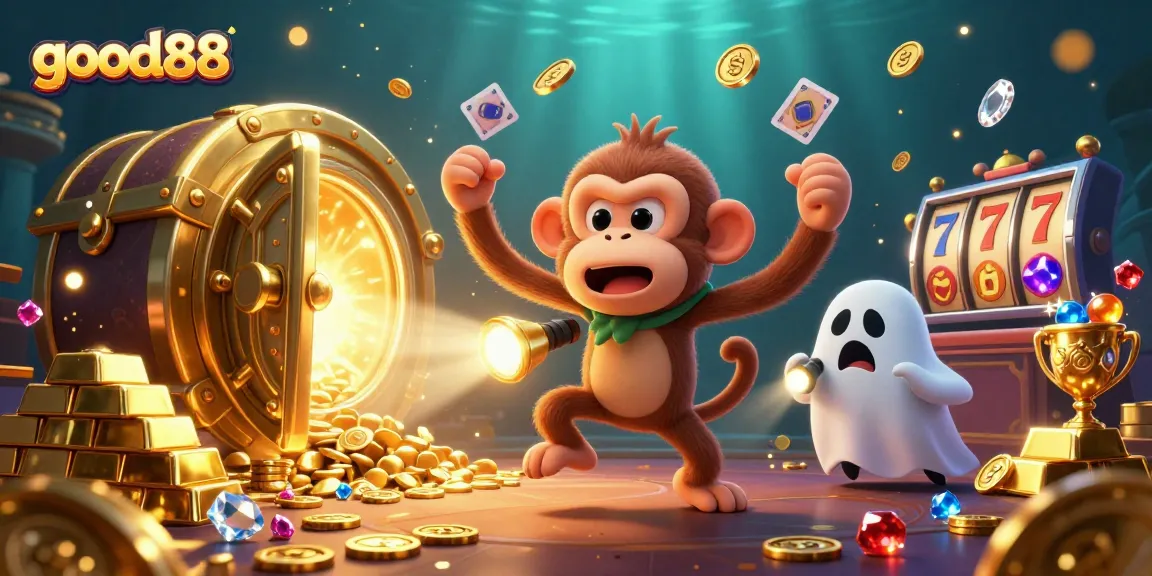 good88 showcases a mischievous monkey juggling gold in a vibrant casino illustration.