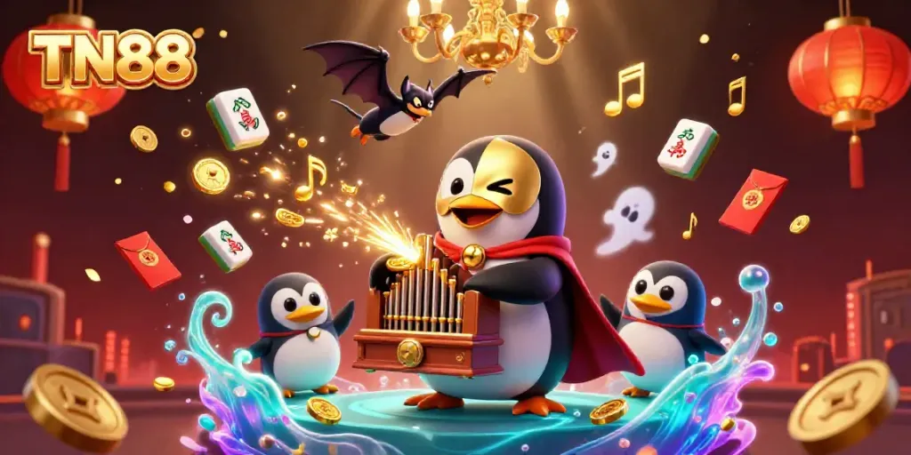 Experience the excitement of TN88 with a dynamic 3D casino scene featuring a penguin in action.
