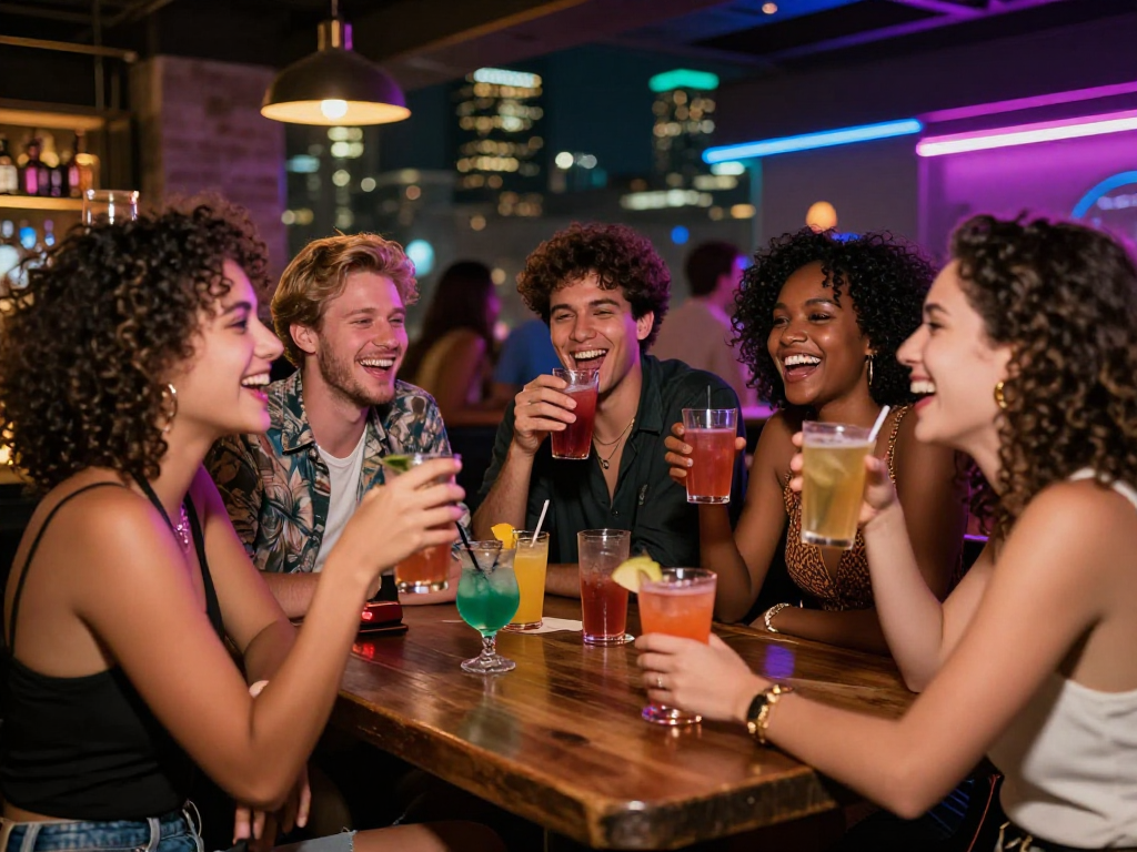 Nhóm bạn trẻ vui mừng trong quán bar, gái gọi tận hưởng cuộc sống về đêm.
