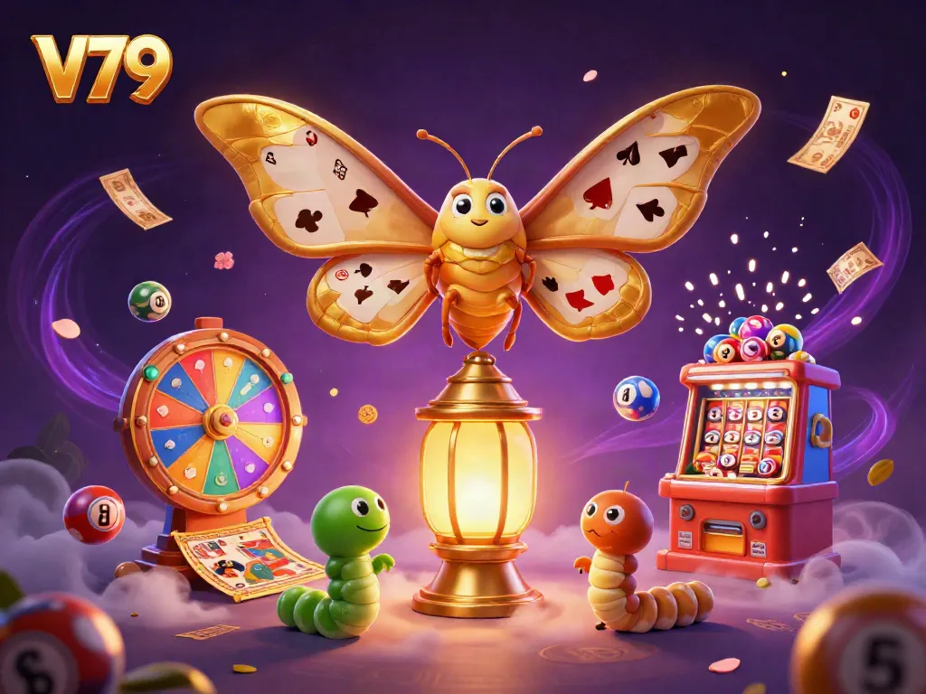 V79 casino illustration featuring a colorful lottery scene with vibrant characters and elements