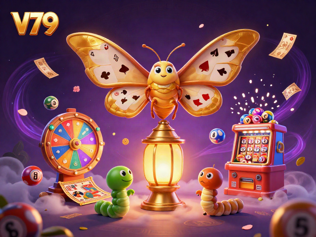 V79 casino illustration featuring a colorful lottery scene with vibrant characters and elements