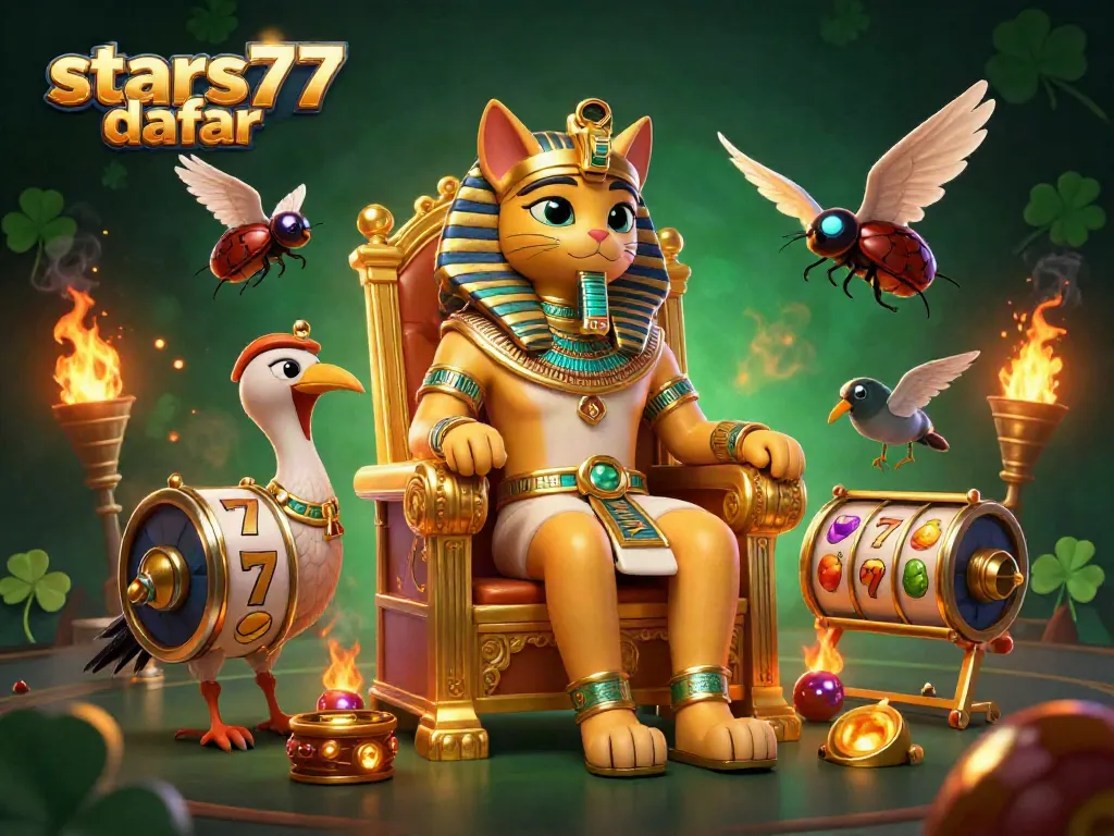 stars77 daftar, menampilkan kucing firaun 3D dengan elemen lotere dan mesin slot di latar belakang.