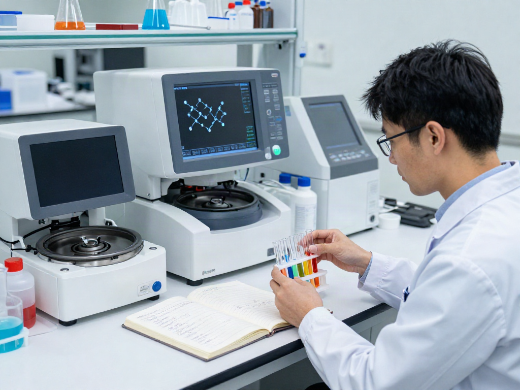 Cag10 peptide analysis in a modern research lab with scientists and advanced equipment.