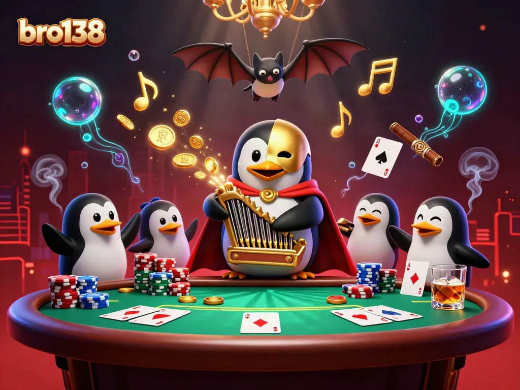 Experience the thrill of bro138 as the phantom opera penguin plays for golden coins at the casino.