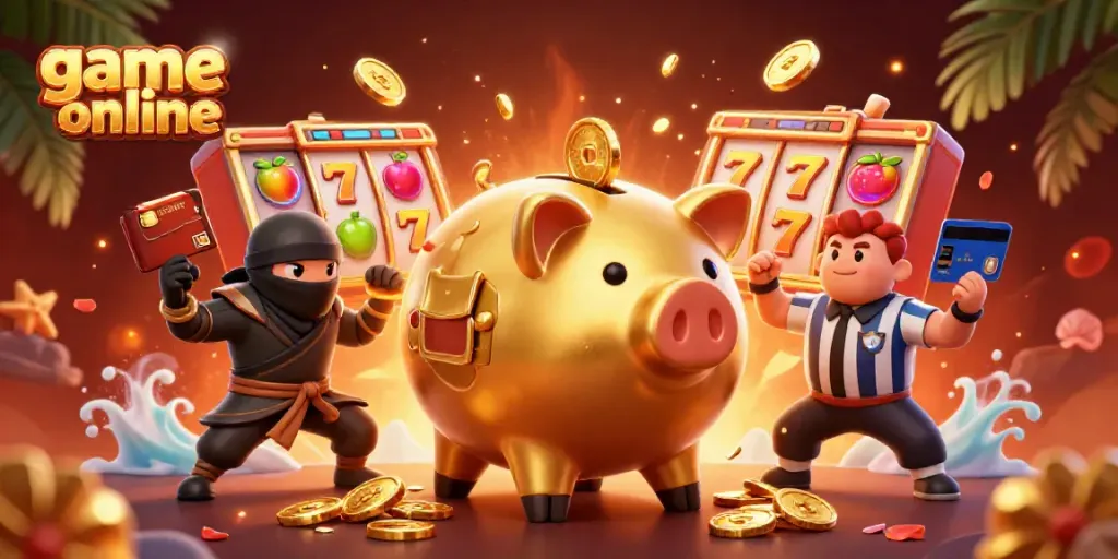 Experience dynamic game online action with a golden piggy bank sumo wrestler and neon slot reels in a vibrant casino scene.