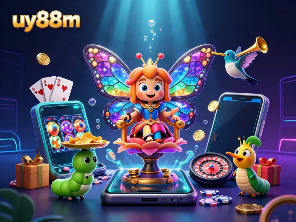 Experience thrilling gaming at uy88m with a vibrant butterfly queen amid dazzling casino elements.