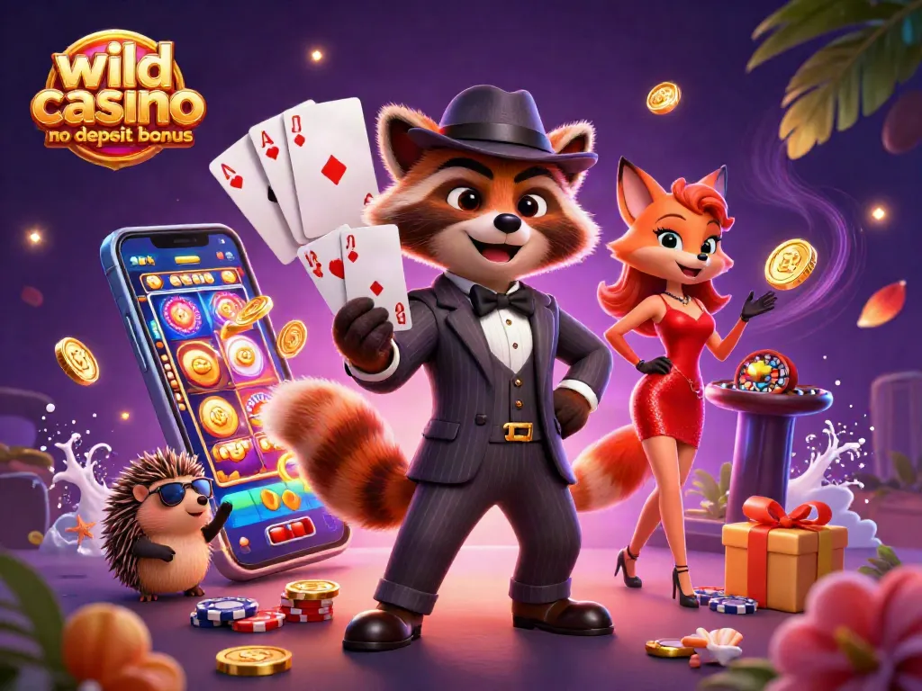 Experience the excitement of the wild casino no deposit bonus as cartoon characters enjoy thrilling gambling action.